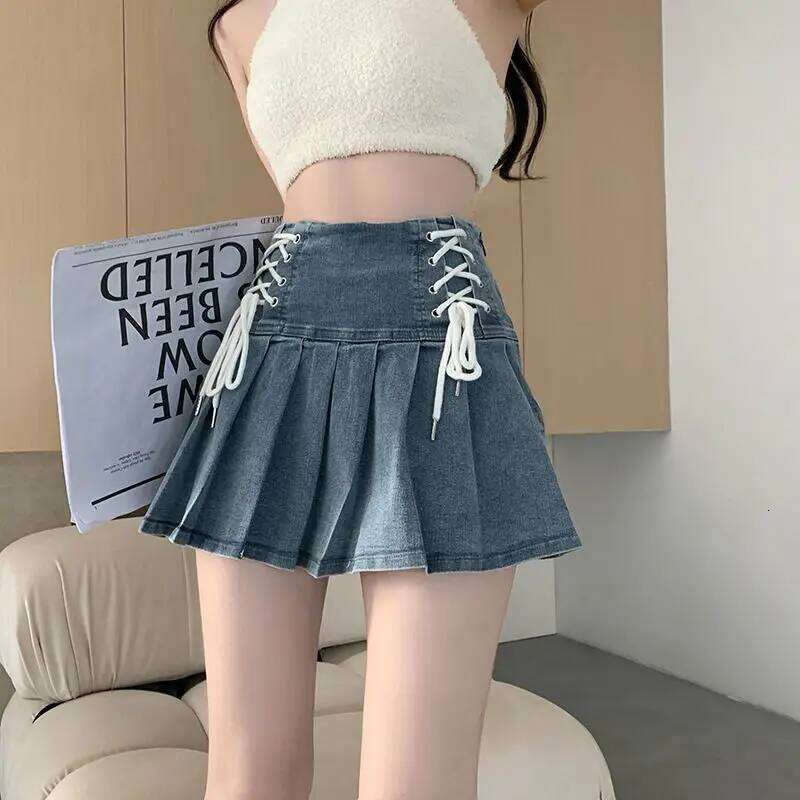 Denim Pleated Skirts Women Cute Lace-up Chic Girlish Summer Mini Skirt Korean Style Fashion Sexy High Waist Streetwear College XJ260309