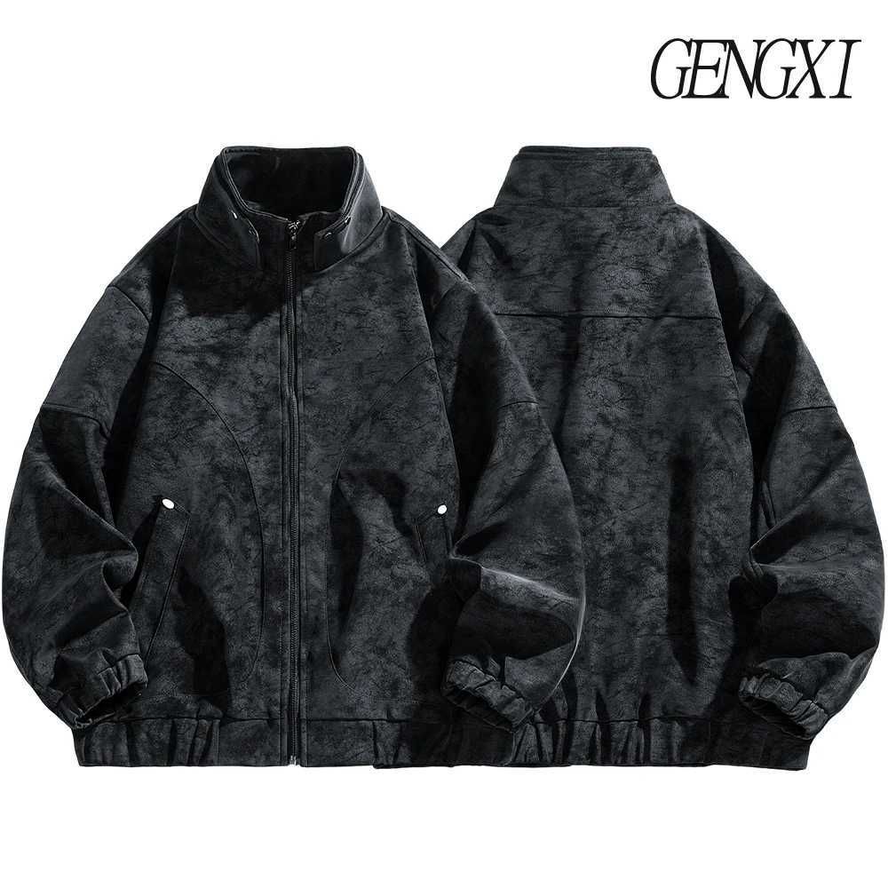 High Street Mens Suede Textured Stand-Up Collar Leather Jacket Vintage Pilot Jacket Loose-Fitting Windproof Coat M260309