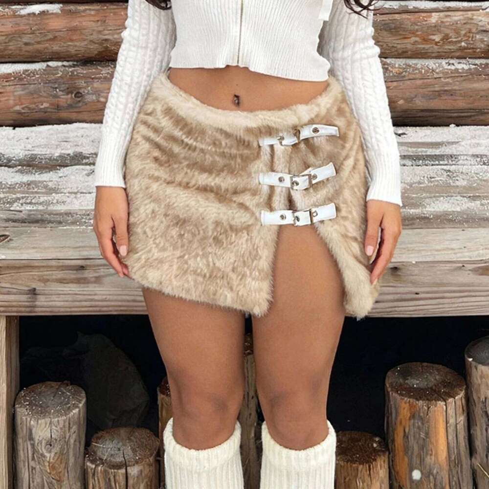 Y2K Sexy Fur Split Mini Buckle Sweet Slim Side Slit Mid-Waisted Bodycon Skirt Casual Streetwear Party Outfit Autumn Winter XJ260309