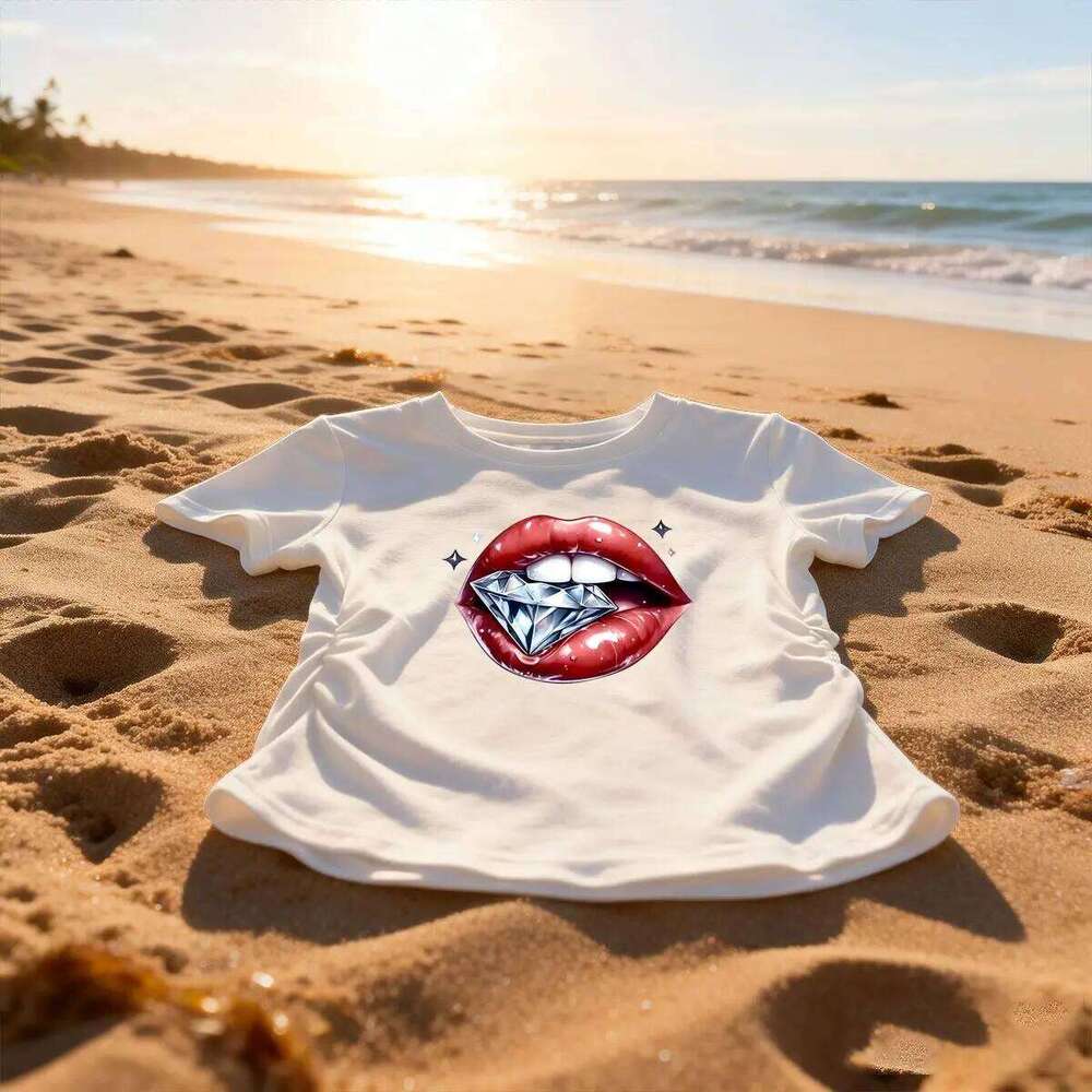 Women's Waist-Defining Elastic T Shirt Red Lips printed Short Sleeve Round Neck top tee Fashionable XJ260306
