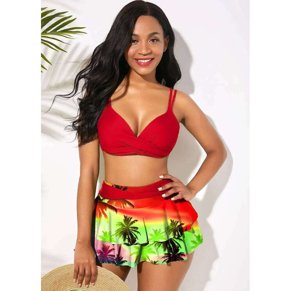 Sexy Ruffled Swimsuit Push Up Hollow Out Cross Bikini Set Women Maple Print Beach Bathing Suit Skirt Swimwear Plus Size XJ260206