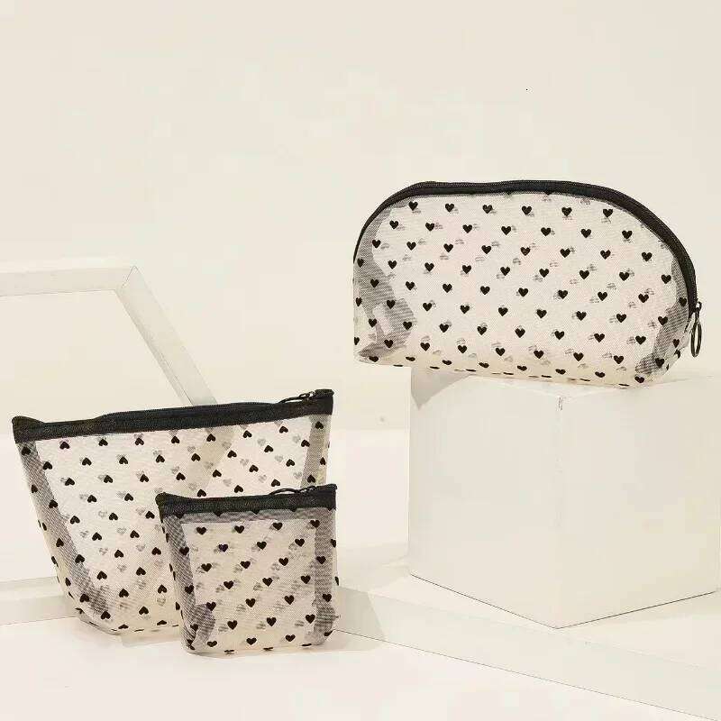 Nylon Mesh Cosmetic Bag Zipper Heart Shaped Toiletry Organizer Makeup Bags Multifunctional Women Lipstick Key Coin Purse Pouch 26W0309