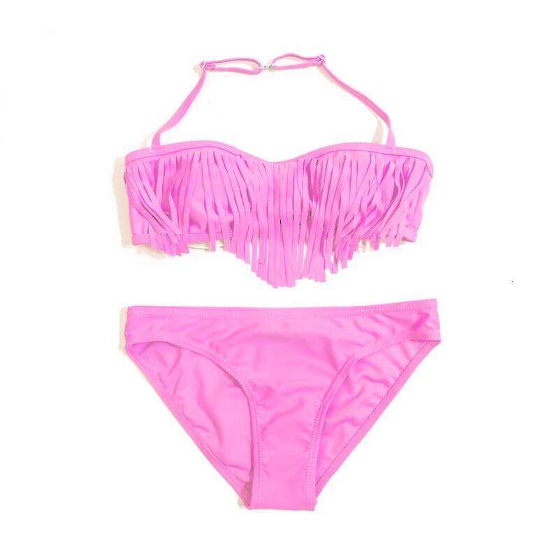 Tassle Solid Halter Girls Bikini Set Summer Beach Cute Teen Kids Swimwear Swimsuit Children Swimming Suit XJ260206