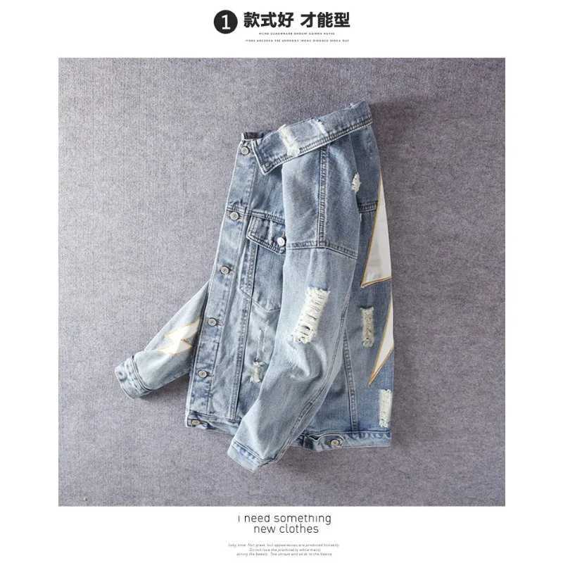 Spring New Lapels Denim Jacket Embroidered Letter Designs Spliced Coats Light Blue Hip-hop Ripped Men Jackets Mens Clothing M260309