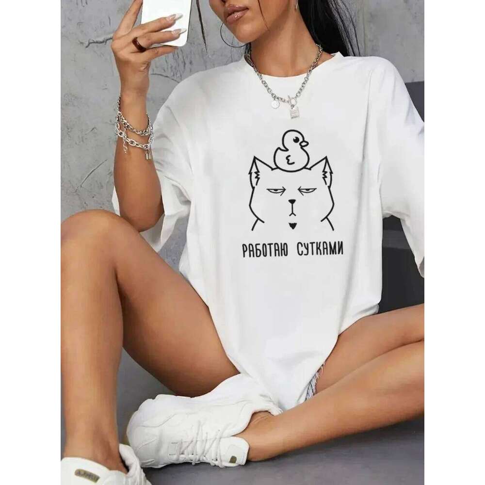 Russian Script Prints T-Shirts Women Short Sleeve Tees Casual Loose O-Neck Tops Summer Street Female Clothes Graphic T Shirts XJ260306