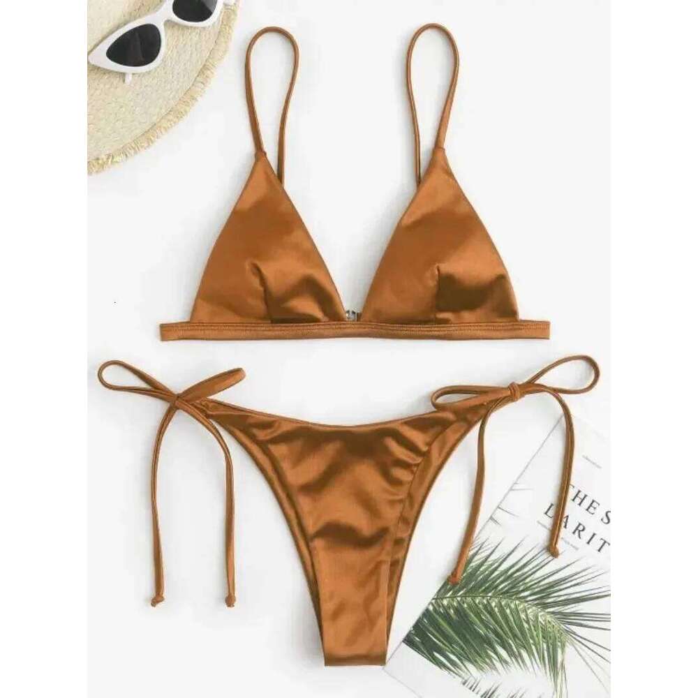 sexy satin micro mini Bikini Sets two pieces Woman tie swimsuit Swimwear Biquini beach outfits bakini conjunto de bikini XJ260206