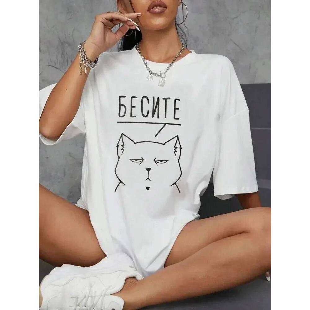 Russian Script Prints T-Shirts Women Short Sleeve Tees Casual Loose O-Neck Tops Summer Street Female Clothes Graphic T Shirts XJ260306
