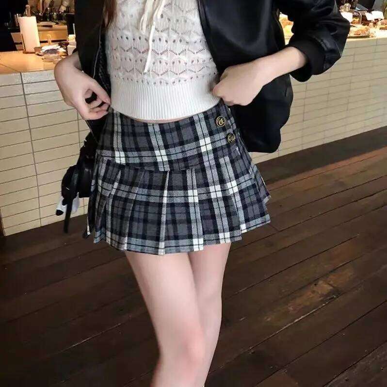 Onalippa 2026 New American College Style Contrasting Plaid Women Autumn Winter Anti Slip A-line Pleated Short Skirt Top XJ260309