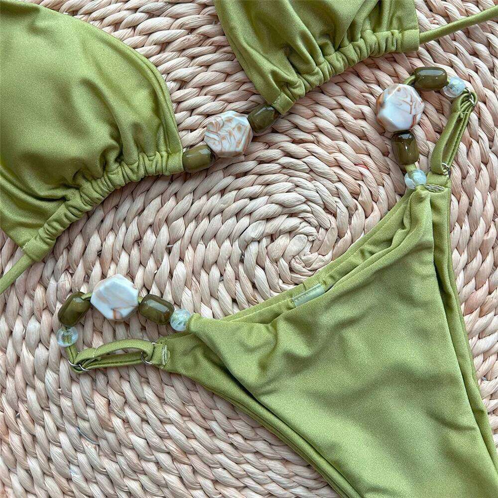 Solid Green Swimwears Sexy Halter Triangle Bead String Bikini Mini Micro Thong Swimsuit Woman 2026 Summer Brazilian Bikinis Sets XJ260206