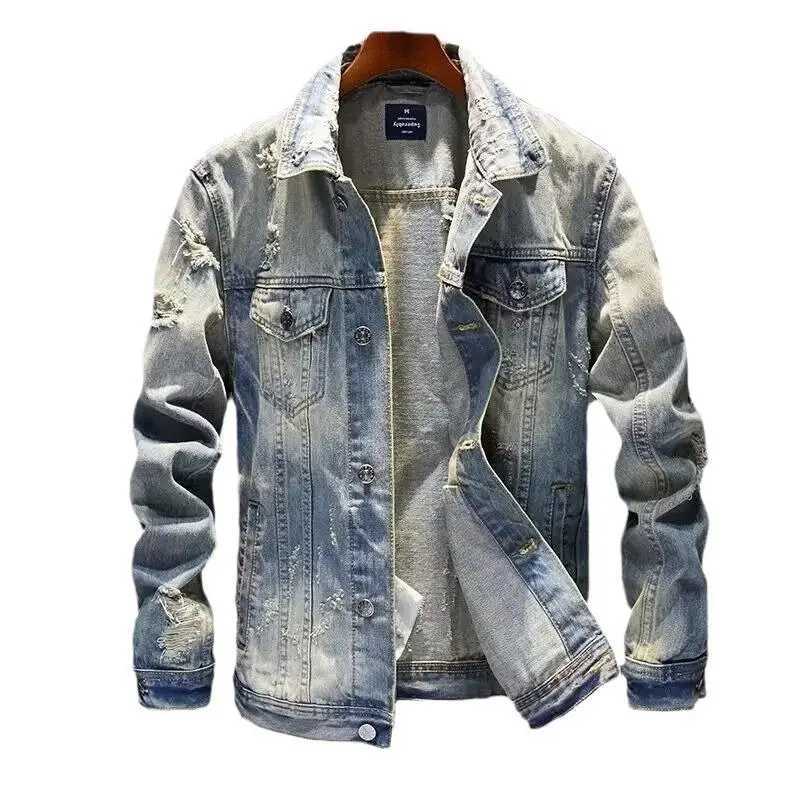 Retro Korean MenS Denim Jacket Retro Blue Slim Fit Jacket Youth Casual Fashion Lapel Ripped Denim Jacket M260309