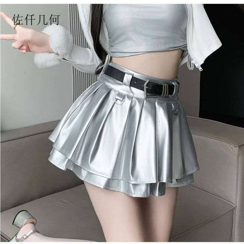 New Pleated Leather Skirts Women Korean High-waisted Solid A-line High Street Fashion Basics Short Skirt Female XJ260309