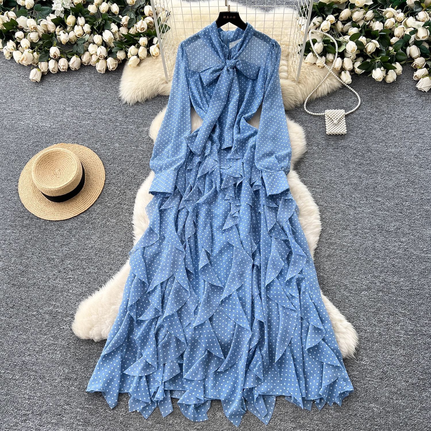 Light Mature Style Niche Bow Tie Long Sleeve Polka Dot Dress For Women Autumn Irregular Ruffle Long Dress