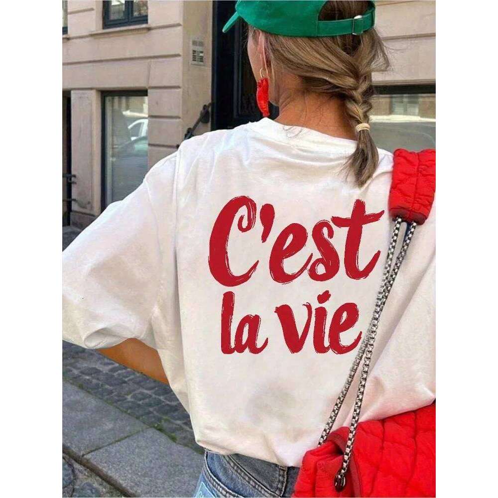 Women's Casual Short-Sleeve T-Shirt with Red Cursive C'est La Vie Print on Black Round Neck Top Comfortable All Season Y2K Shirt XJ260306