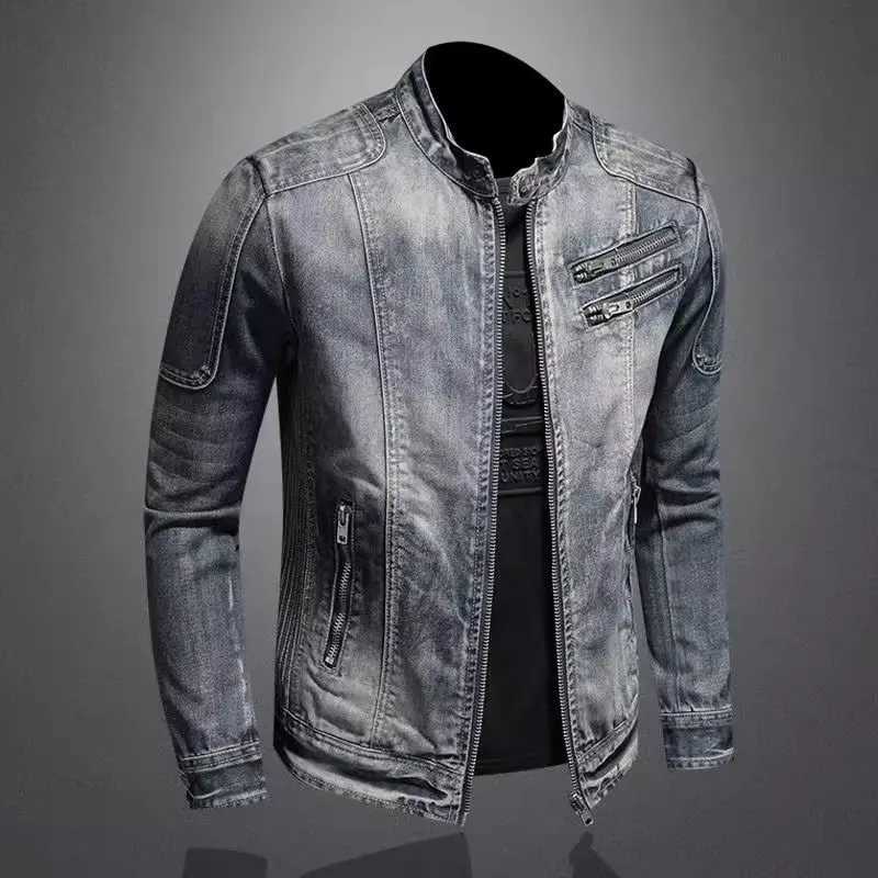 Denim Jackets Men Casual Stand Collar Moto Biker Outerwear Coats Mens Fashion Zippers Motorcycle Streetwear Jacket Male Clothes M260309