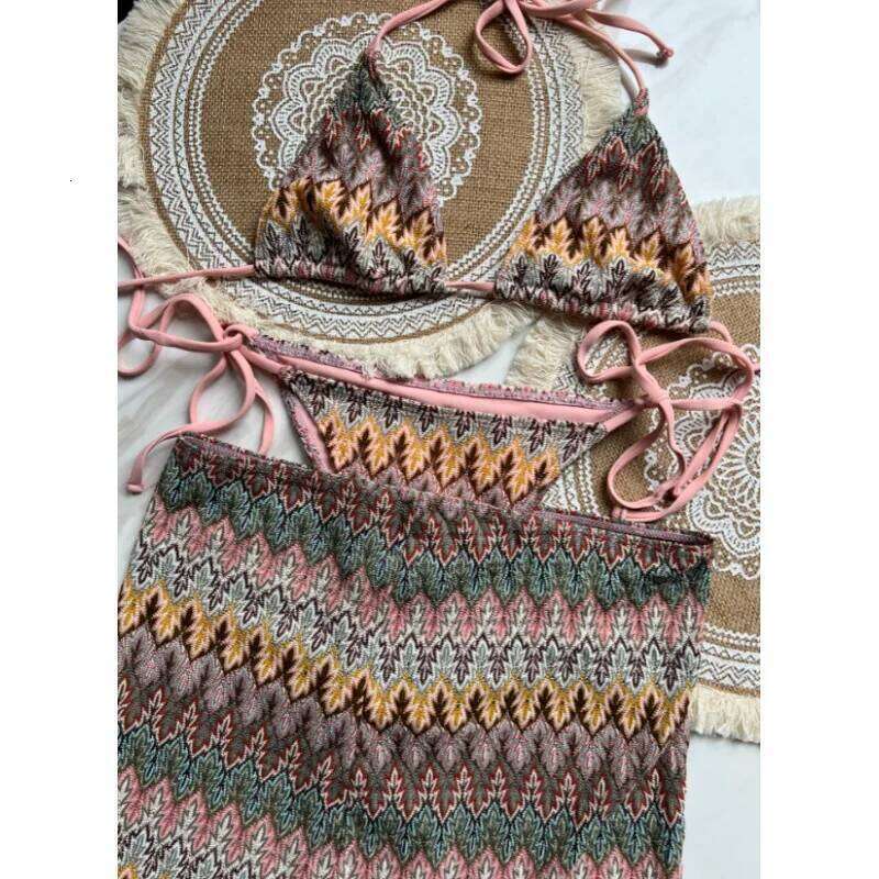 LeLeDolphin Womens Colored Maple Leaves Knitted Skirt Three-Piece Set Split Bikini Stripes Swimsuit XJ260206