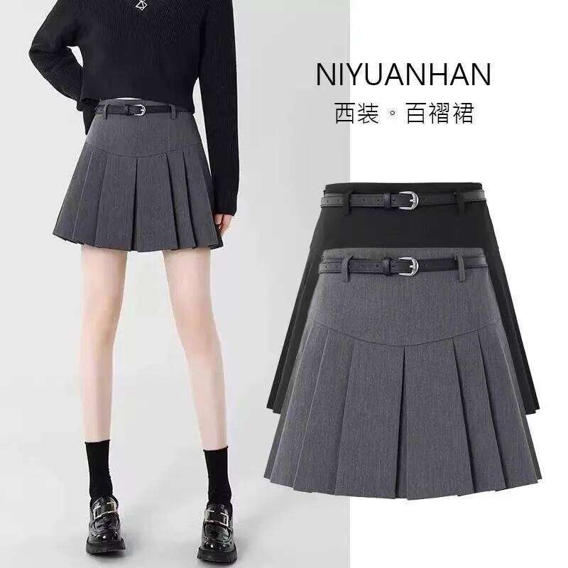 Yitimoky Chic Pleated for Women High Waisted Gray Black Fashion Solid Mini Skirts Spring Summer A Line Skirt with Belt XJ260309