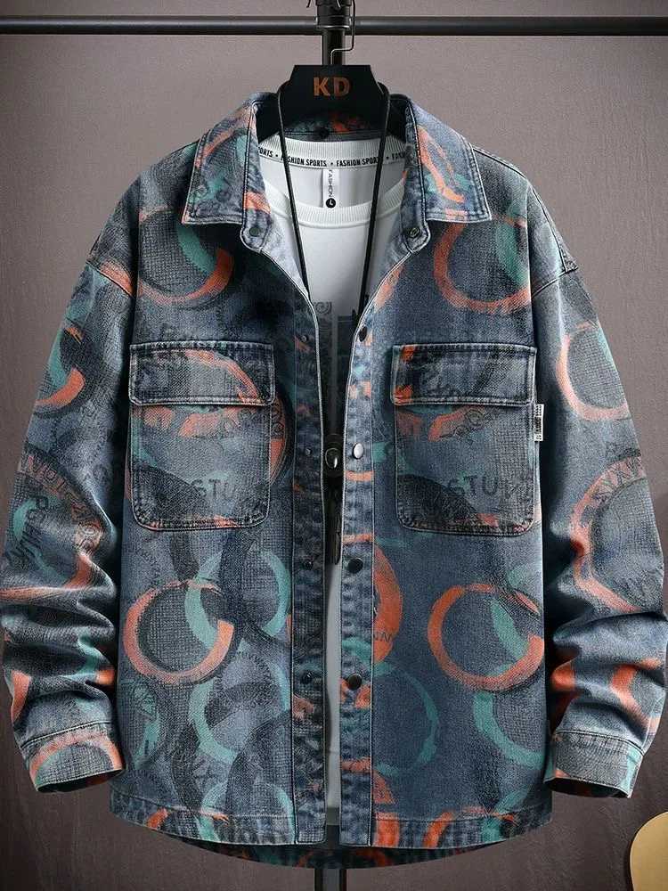 Autumn and Spring New Fashion Trend Print American Streetwear Denim Jacket Mens Casual Loose Sports Outerwear M260309