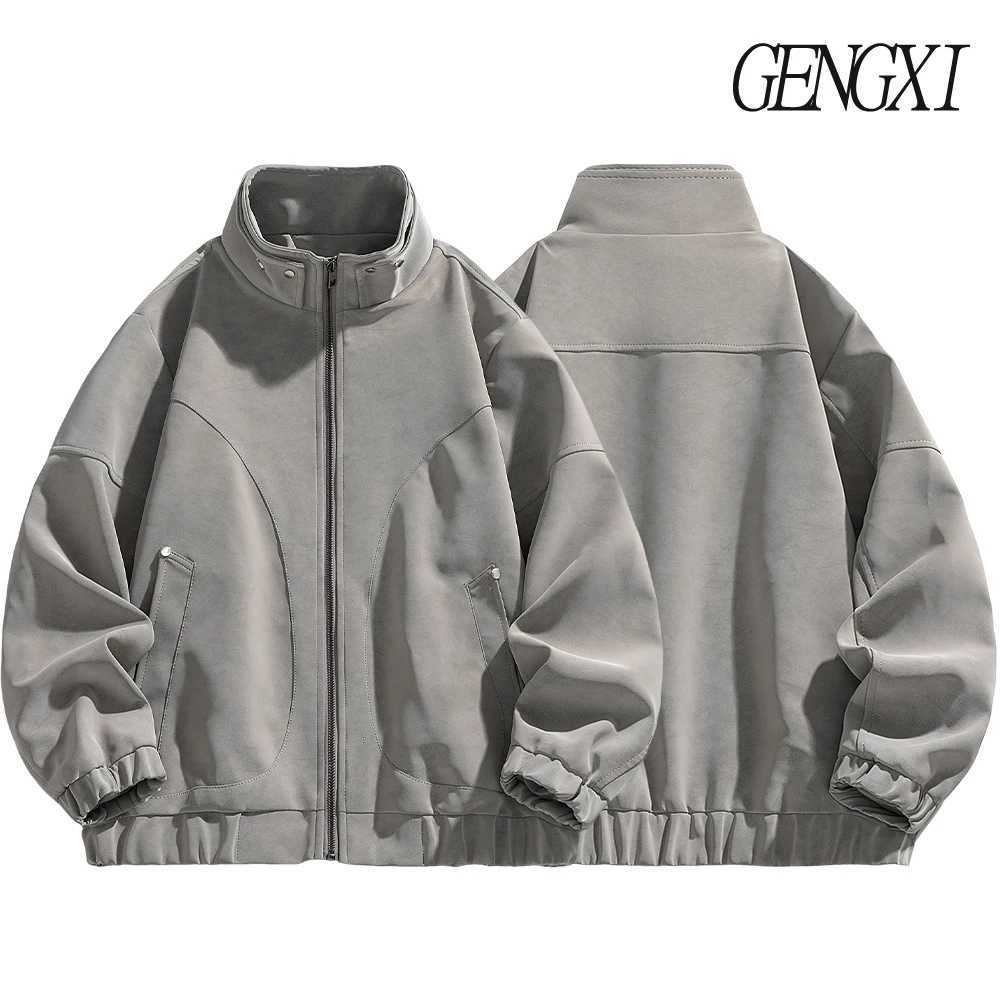 High Street Mens Suede Textured Stand-Up Collar Leather Jacket Vintage Pilot Jacket Loose-Fitting Windproof Coat M260309