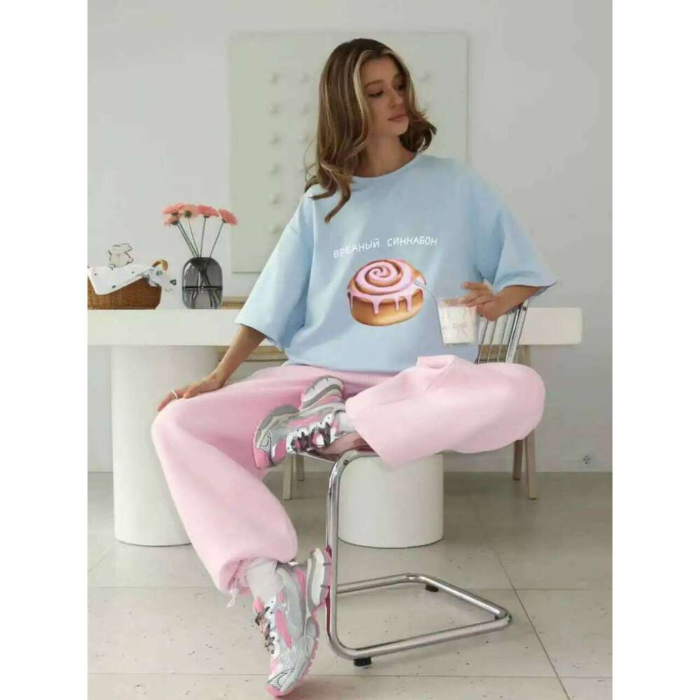 Sweet Cake Russian Letter Print Blue White Short Sleeve Women's T-shirt Vintage American Fashion 100% Cotton Summer Tshirt 2025 XJ260306