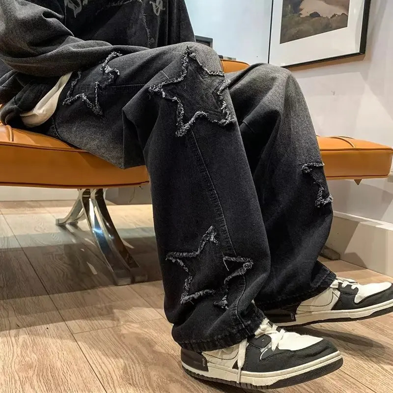 American HIPHOP Star Jeans Mens High Street Trendy Loose Straight Leg Wide Pants Trend Versatile 260302