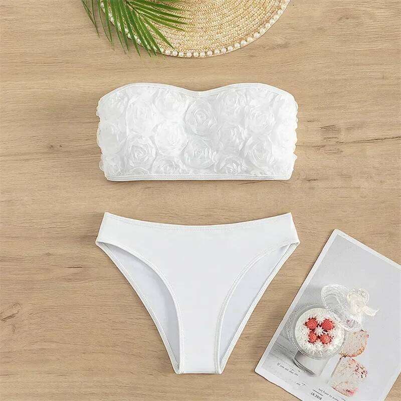 Sexy 3D Flower White Bandeau Bikini High Waist Swimwear 2025 Women Push Up Swimsuits Bathing Suit Bikinis Sets De Mujer Bathers XJ260206