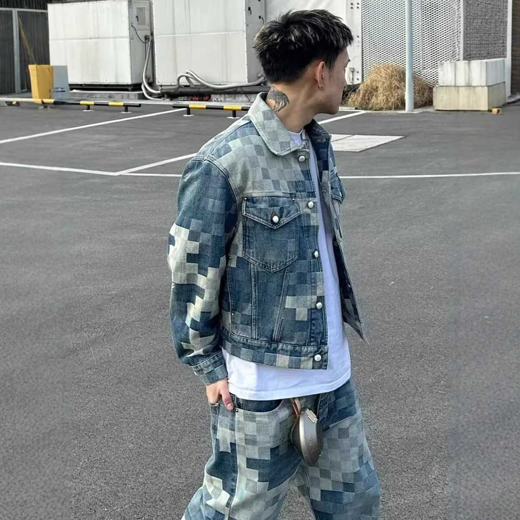 Vintage Loose Denim Jacket Trendy Mens Loose-Fit Jacket Men Streetwear Harajuku Style Plaid Coat Hip Hop Gothic Clothes M260309