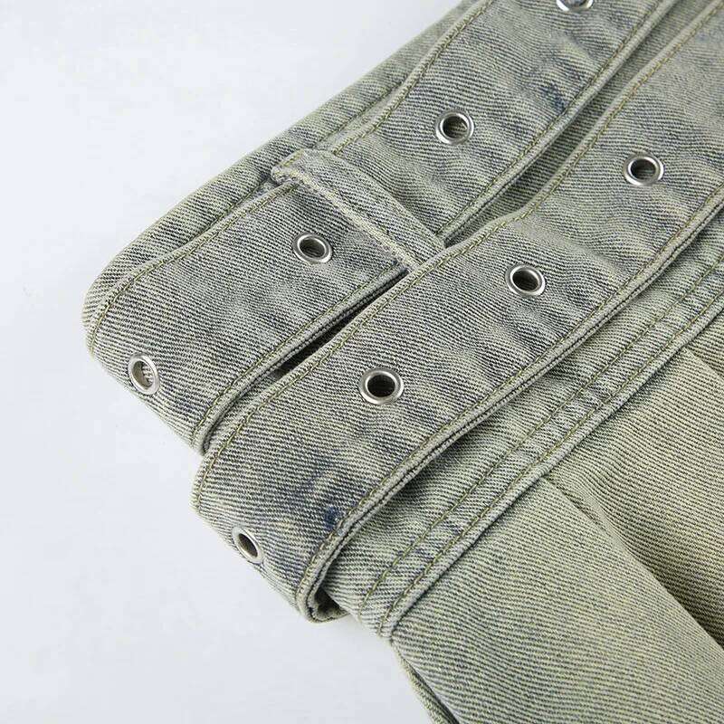 Vintage Low Waist Mini Denim 2025 Summer Fashion Square Buckle Big Belt Pleated Skirt XJ260309