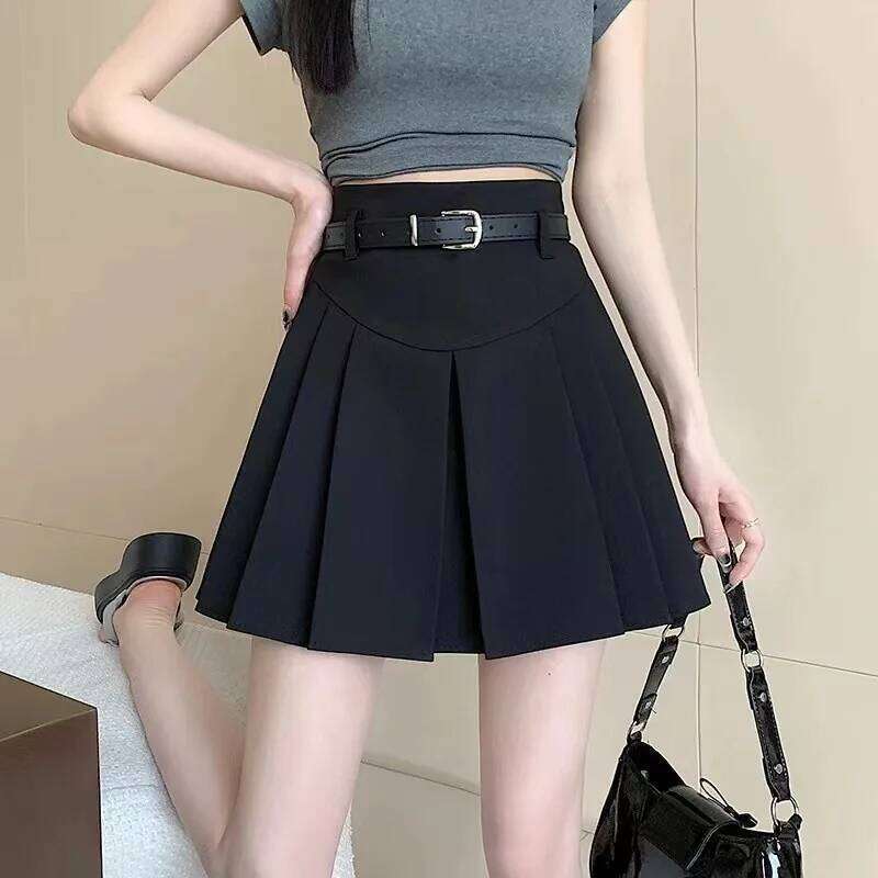 Yitimoky Chic Pleated for Women High Waisted Gray Black Fashion Solid Mini Skirts Spring Summer A Line Skirt with Belt XJ260309