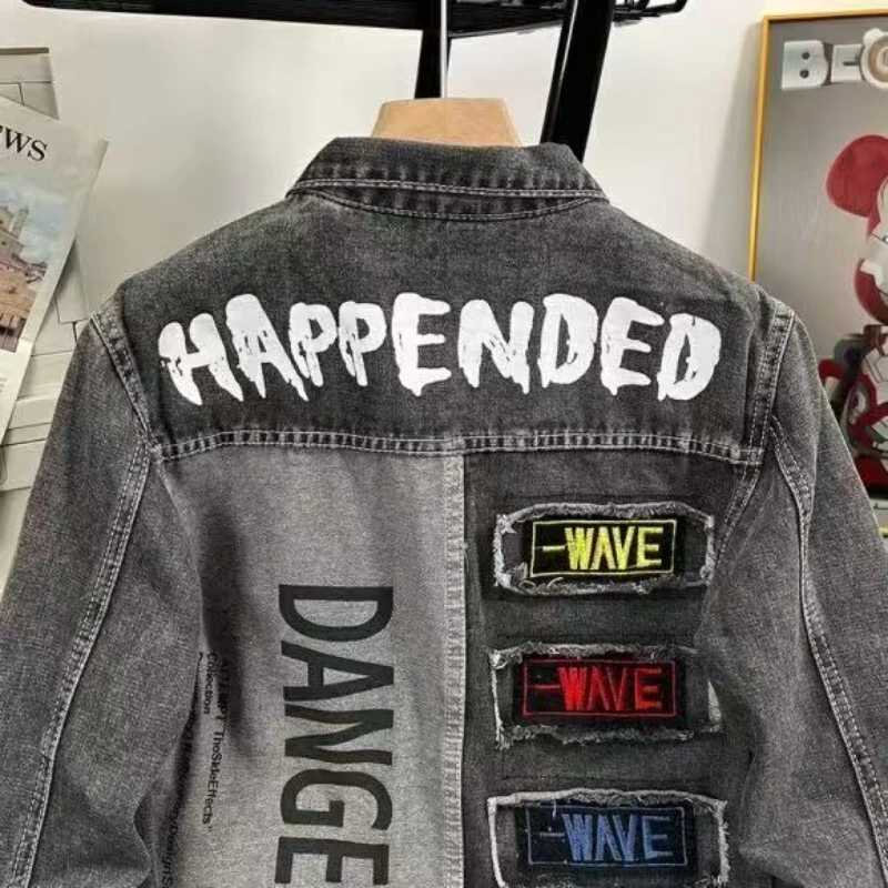 Men Vintage Denim Jacket Handsome Embroidery Jean Patchwork Long Sleeve Classic Outerwear Windbreaker Spring Autumn Coat M260309