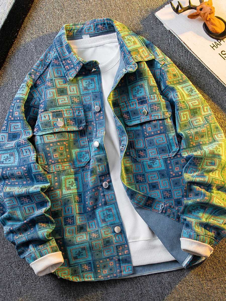 Japanese Printed Denim Shirt Jacket Mens American Fashion Trend Handsome Shirt Mens Casual Jacket Aesthetic d88 M260309
