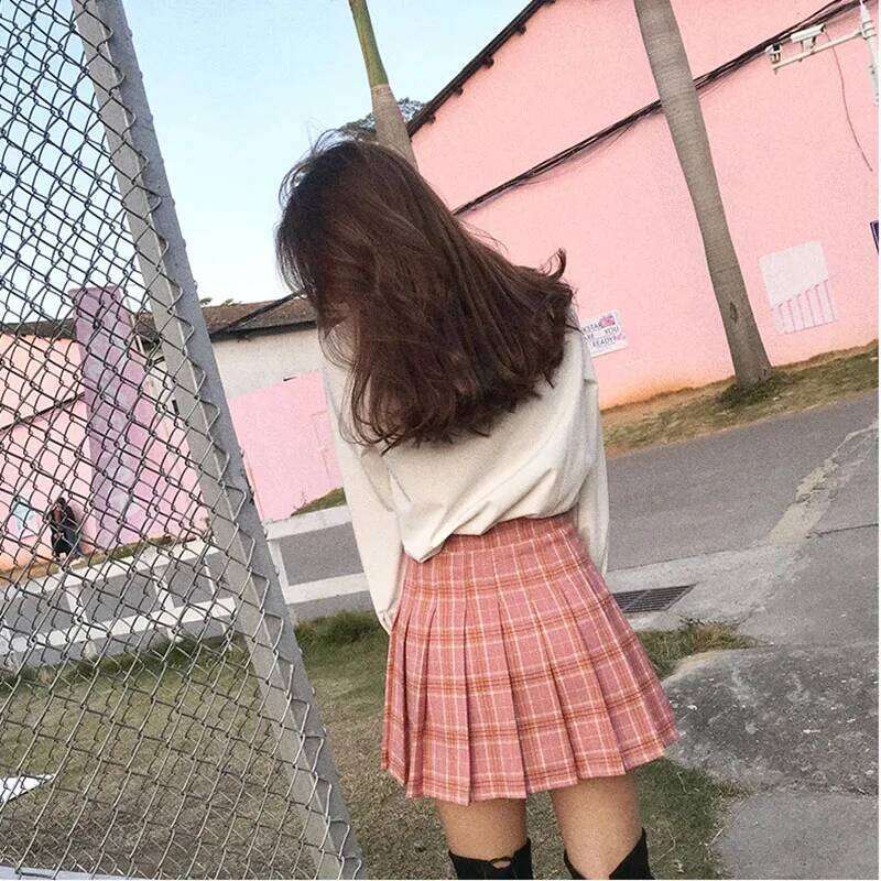 Pleated Female Student Korean Spring Summer Y2k New High Waist Slimming College Style A- Line Pink Plaid Skirt Women XJ260309