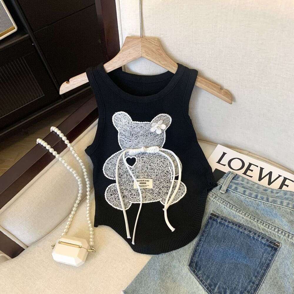 Sweet And Spicy Girl's 3D Bear Knit Vest - New Chinese Style With Traditional Knot Design, Fashionable Camisole Top