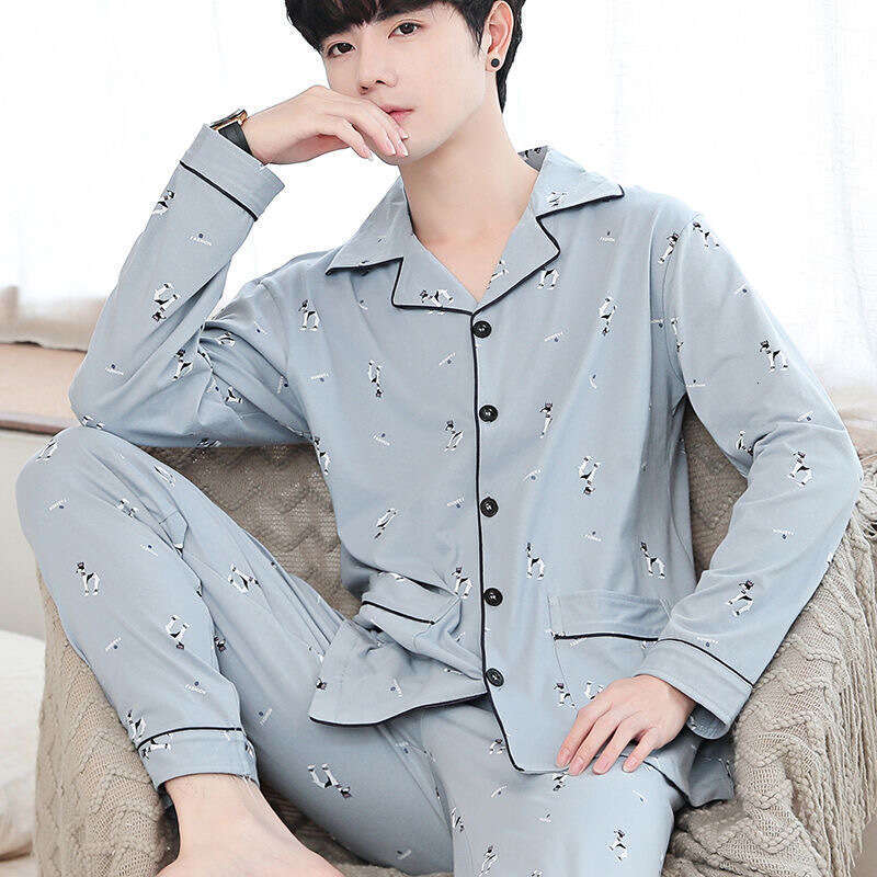Men's Pajamas Spring Autumn, New Pure Cotton Cardigan With Sleeves And Long Pants, Korean Style Casual Home Set Suitable For Outdoor Wear