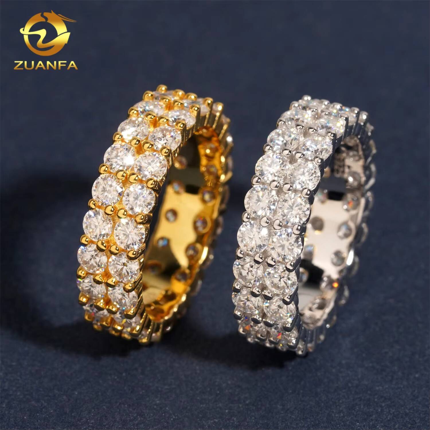 Hot Sale Round 30mm Two Rows Eternity Rings Moissanite Diamond 925 Silver Ring Iced Out Wedding Hip Hop Ring for Men Women