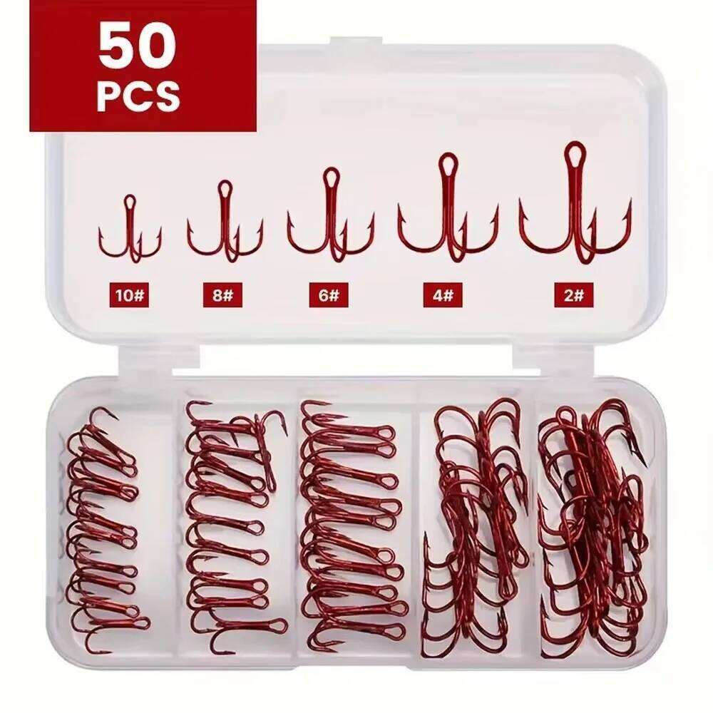 50-Piece Treble Hook Set, High-Carbon Steel Hooks, Strong Sharp, Round Bend Design, Suitable for Artificial Lures, Saltwater and Freshwater Fishing S2