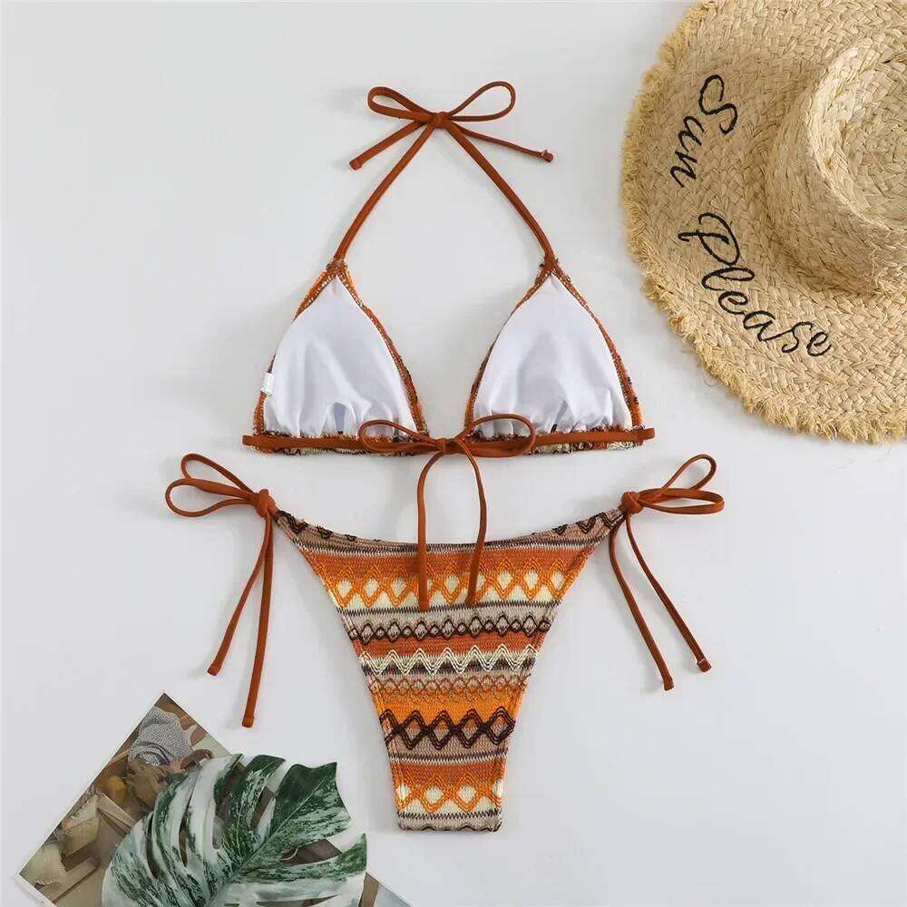 Geometry Knitted Triangle Micro Bikini Thong Mujer String Halter Swimwear Mini Sexy Swimsuit Bathing Suit for Women Bikinis Sets XJ260206