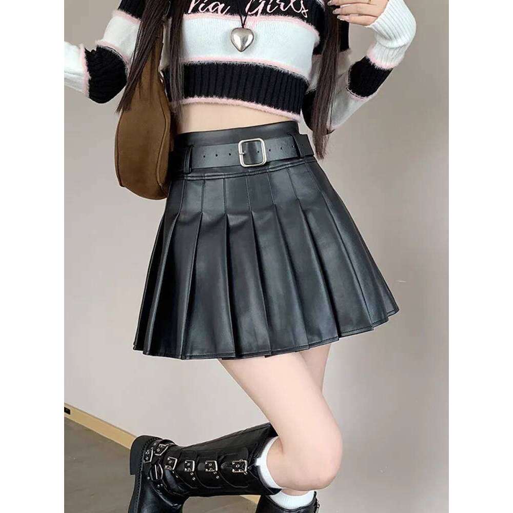New 2025 Brown PU Leather Pleated Skirt: High Waist Slimming A-Line Mini Skirts for Petite Women - Spring Autumn XJ260309