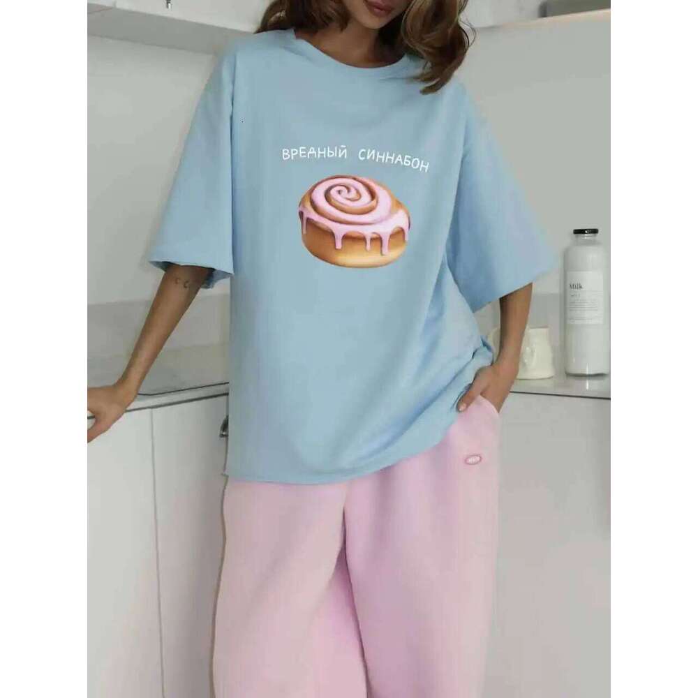 Sweet Cake Russian Letter Print Blue White Short Sleeve Women's T-shirt Vintage American Fashion 100% Cotton Summer Tshirt 2025 XJ260306