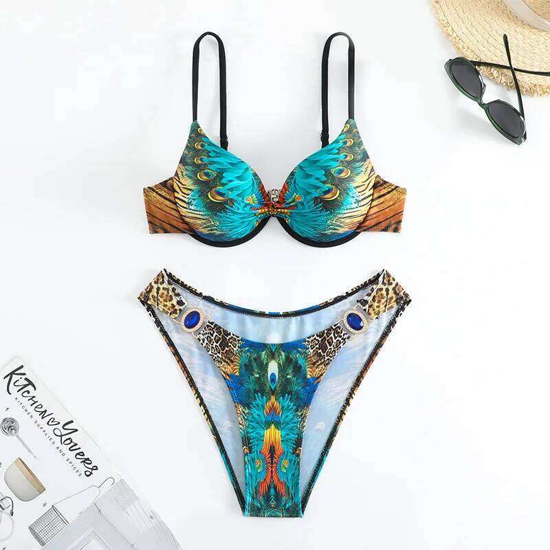 XS-XXL sexy peacock leopard print high waist push up bikini set two pieces swimsuit beachwear bathing suit swimwear biquini XJ260206