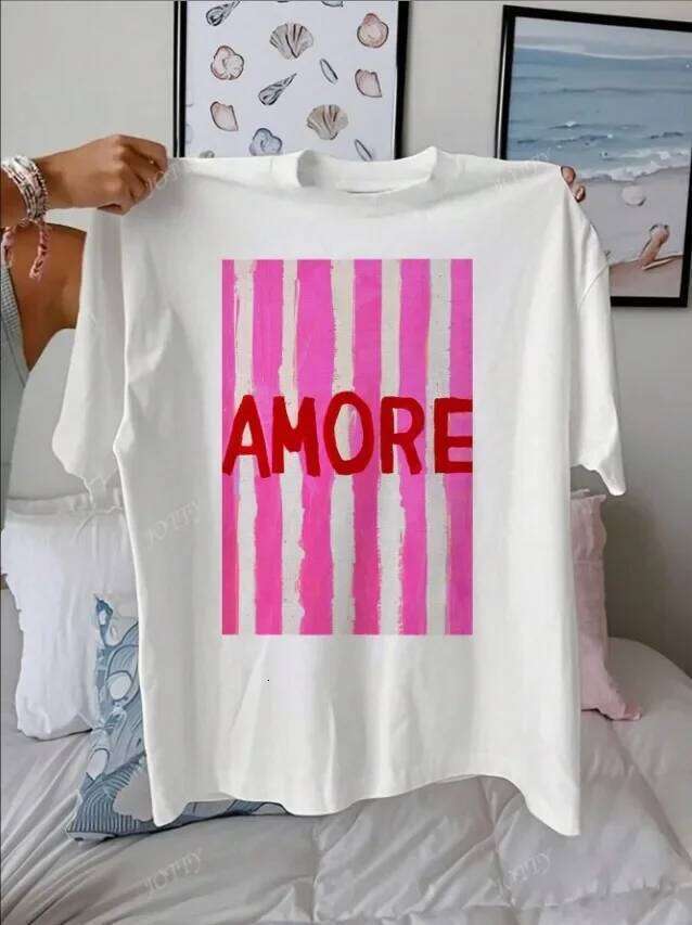 AMORE Striped Art Pattern Summer Outfits Women Casual Round Neck Short Sleeve Female T-Shirt Tops XJ260306