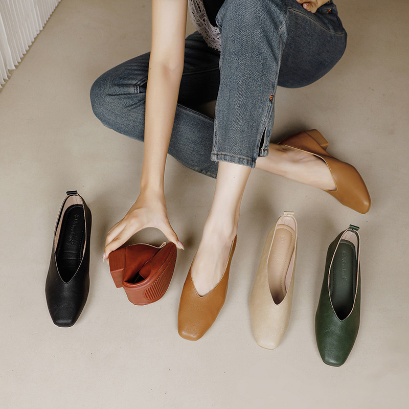 Meotina Women Genuine Leather Shoes Square Toe Flats Shollow Ladies Fashion Concise Career Shoes Spring Autumn Apricot 40 241209
