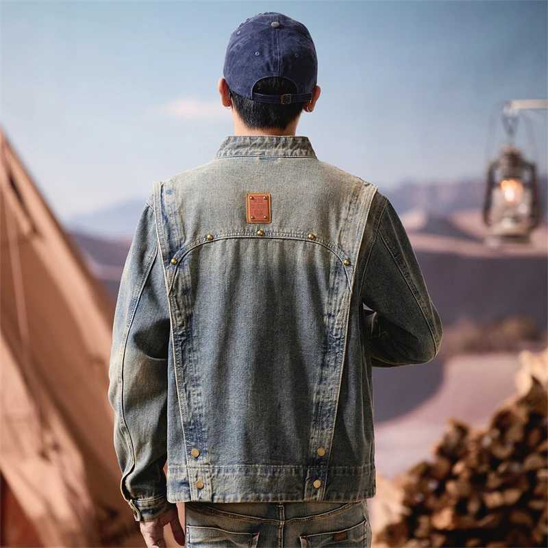 Men Heavy Industry Washed Denim Rivet Vintage Fashion Stand Collar Motorcycle Jacket Man Streetwear Runk Hip Hop Jeans Coat M260309