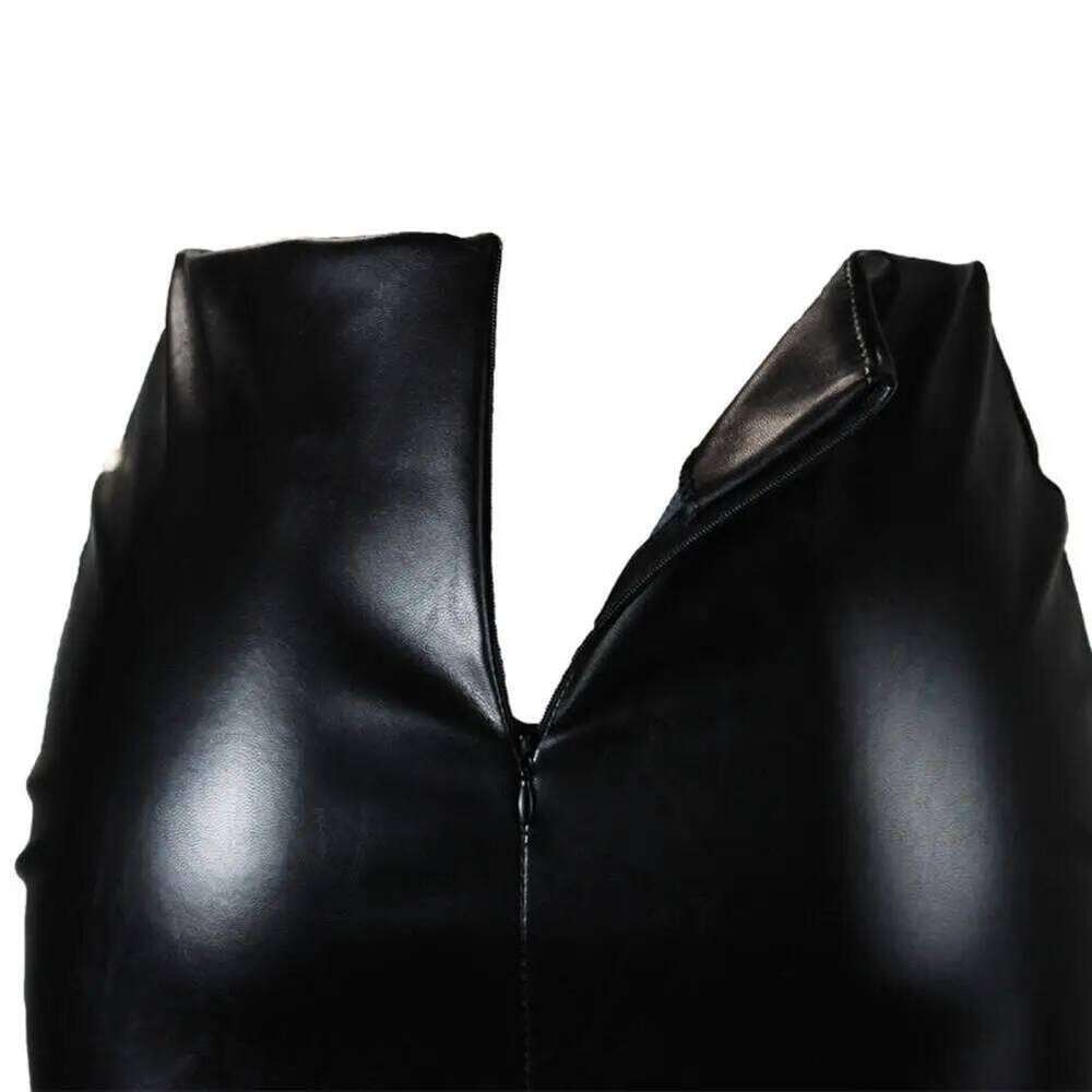Women Solid Color Hidden Zipper Mini Faux Leather High Waist Split Skinny Skirt Female Streetwear Women's Clothing XJ260309