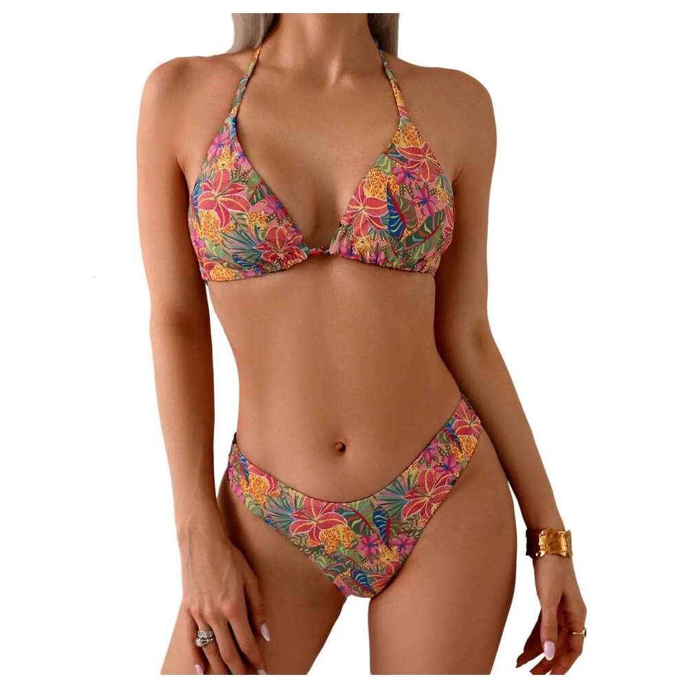 Women's 2 Piece Tropical High Cut Bikini Sets Tie Back Triangle Bathing Suit Boho Swimwear XJ260206