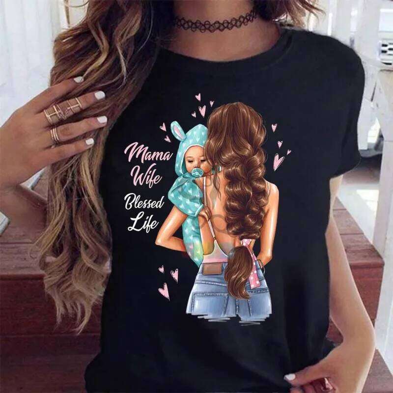 Maycaur Women Cartoon Mom with Sons Fashion Print Casual Woman Tee Ladies Female T-shirt Short Sleeve T Top Shirt XJ260306