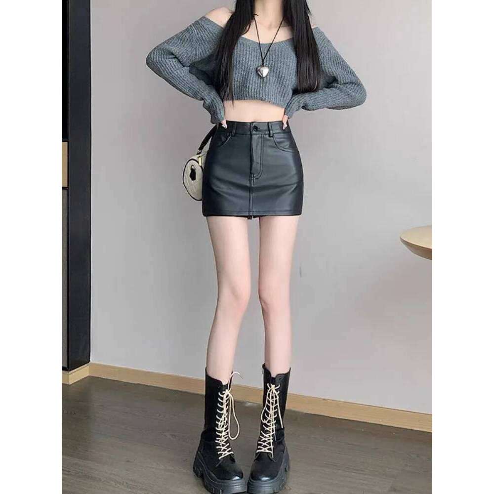 Hot Leather Women Spring Mini Bodycon High Waist Black Brown Skirt Pants XJ260309