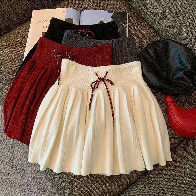 Korean Drawstring Lace-Up Pleated Skirt Women Preppy Style High Waist Slimming Knitted Mini Sweet Cute Jk Skirts XJ260309