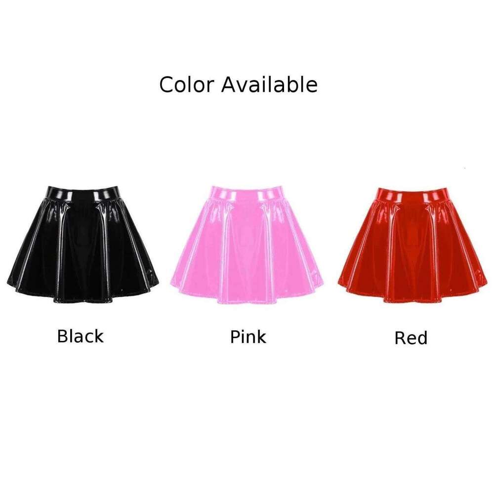 Flared Miniskirt For Women Glossy Patent Leather Dance Performance Mini Skirt Clubwear Cosplay Costume Retro Color Dress XJ260309