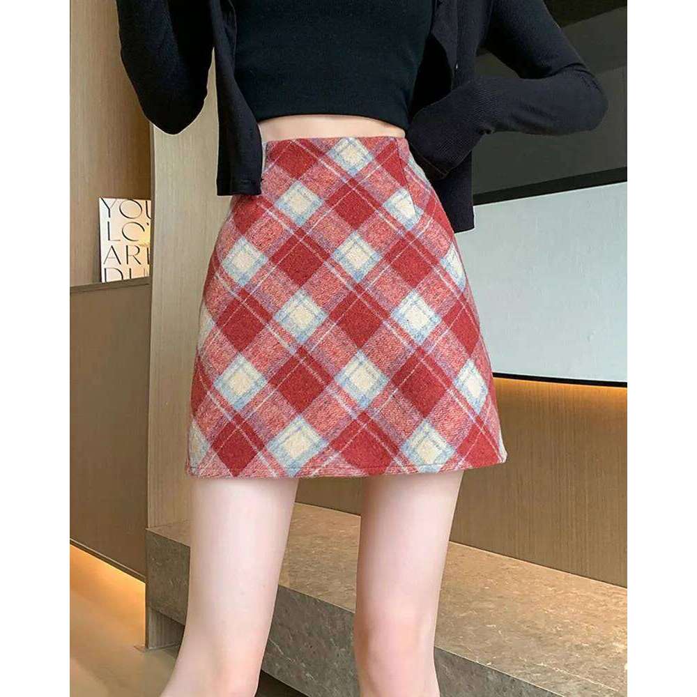 2025 Woman Skirts Woolen A-word Short Autumn And Winter Half Plaid Female Of The New High-waisted Slim-fit Wrap Hip Skirt XJ260309