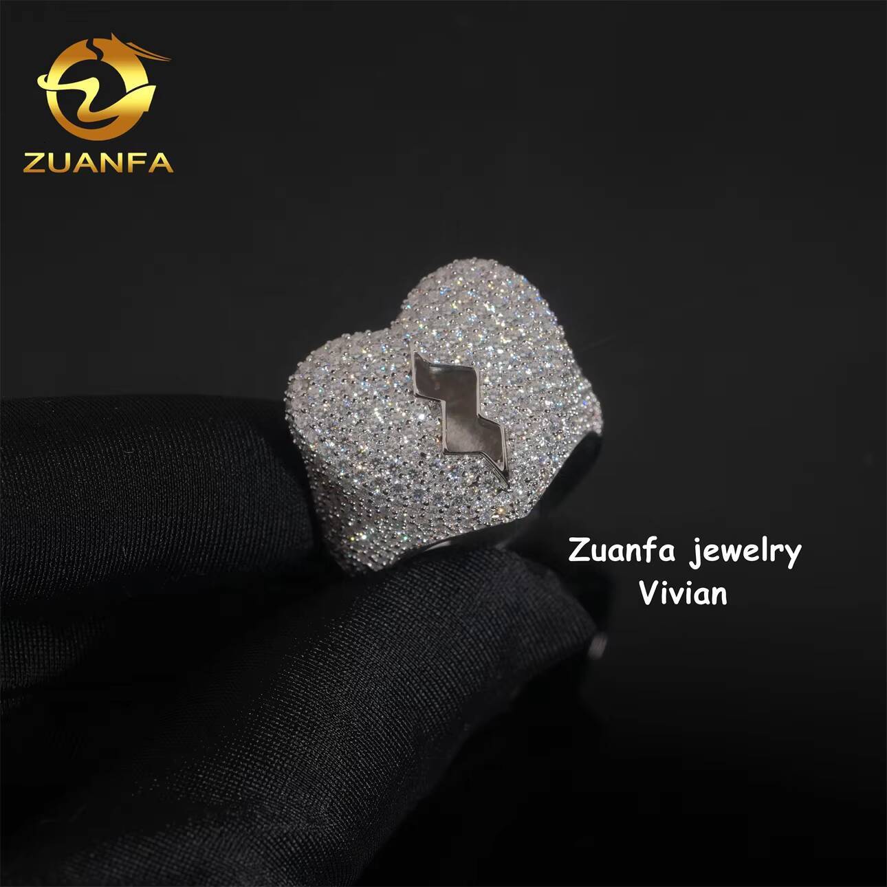 Iced Out Hip Hop Jewelry Gift 925 Sterling Silver VVS Moissanite Diamond Heart Ring for Men